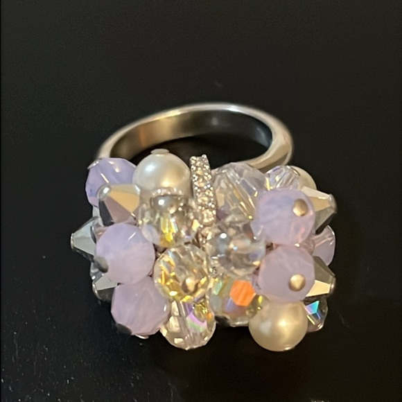 Vintage Swarovski Aura Borealis Crystal & Pearl Beaded Bow Ring - Picture 7 of 16
